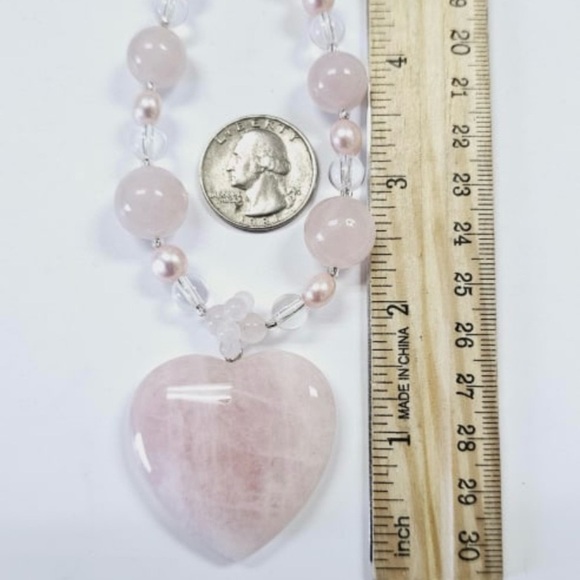 Lee Sands Silver Tone Pink Rose Quartz Heart Necklace 22" - Picture 4 of 5